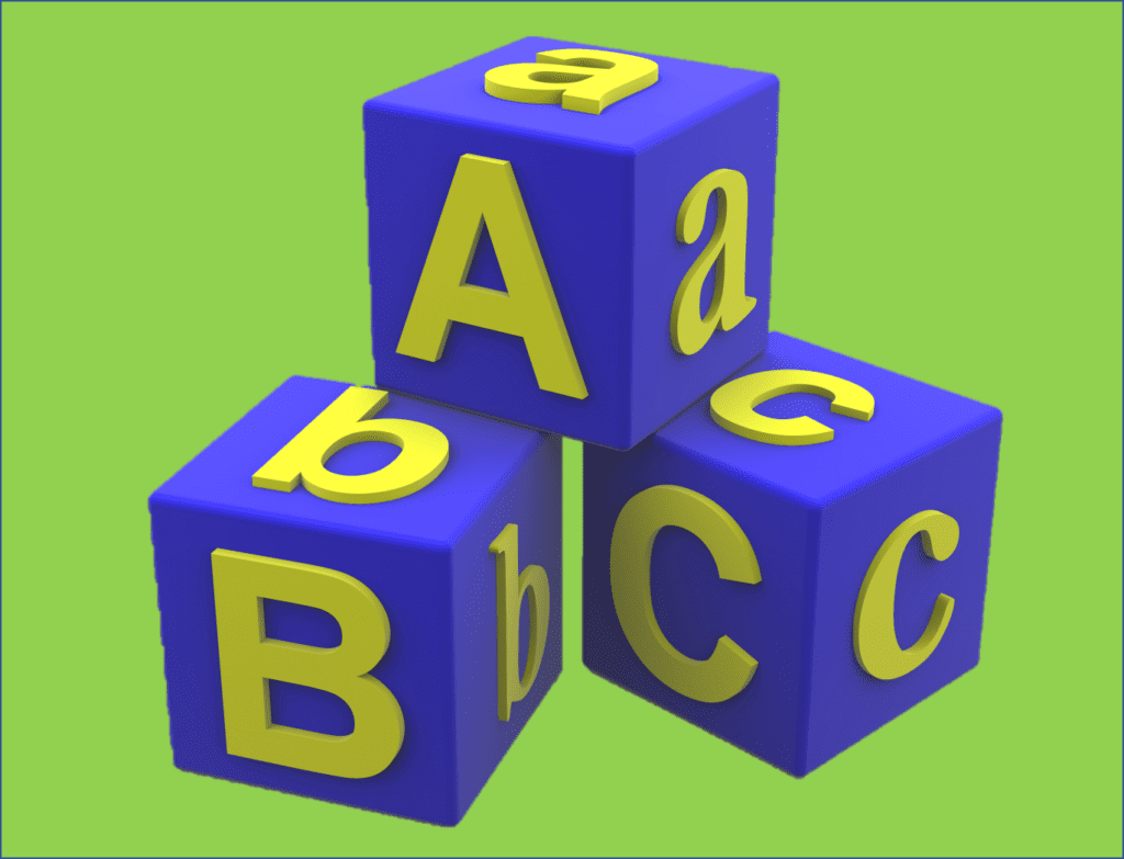 A B and C Blocks in Blue on a Green Background