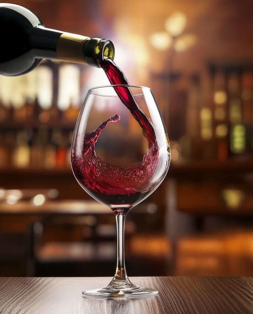 Red wine pouring into a glass.