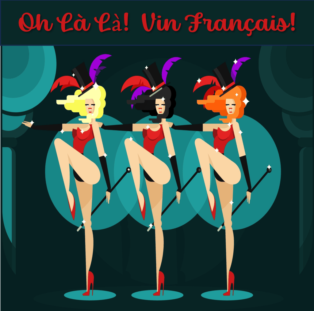 Three cabaret dancers kicking in feathered hats