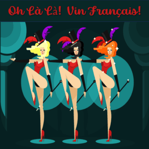 Three cabaret dancers kicking in feathered hats