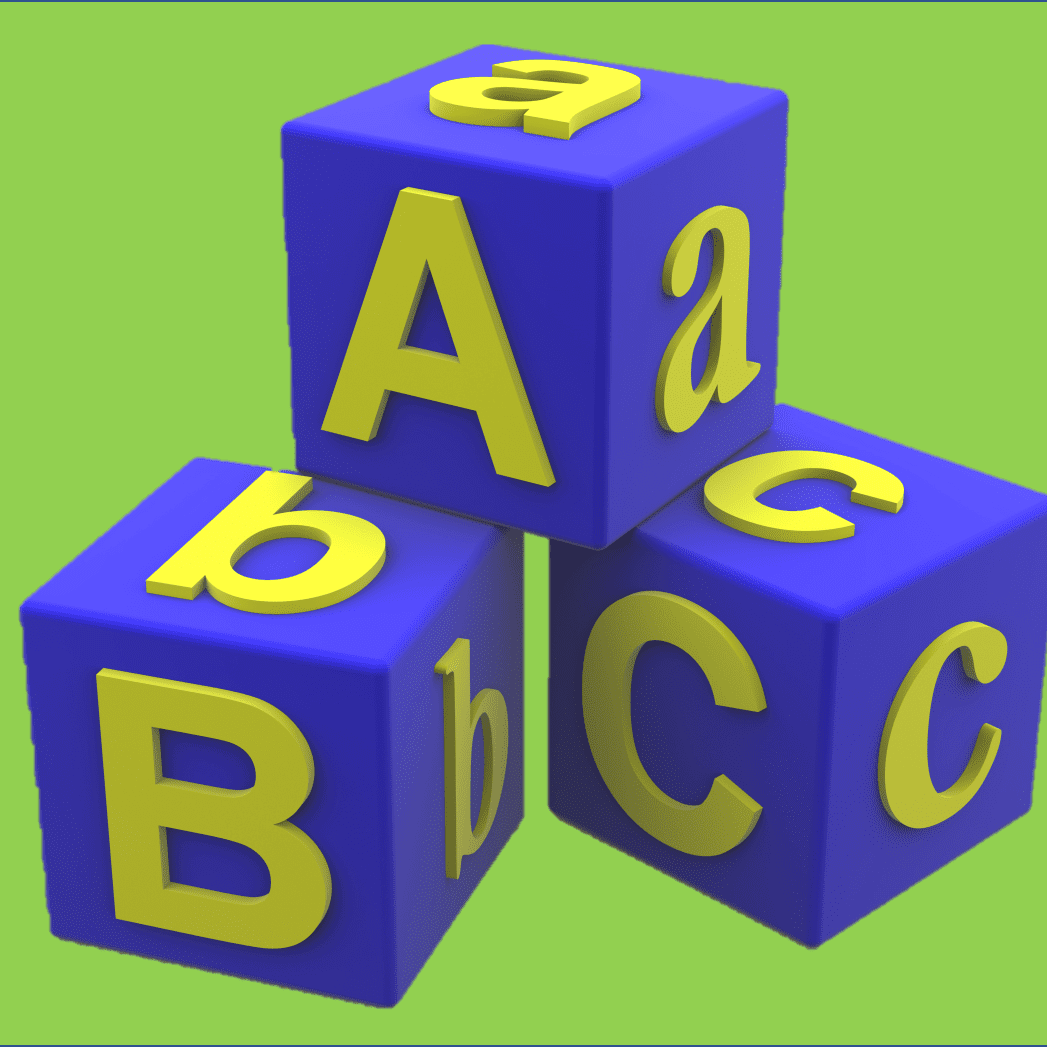A B and C Blocks in Blue on a Green Background