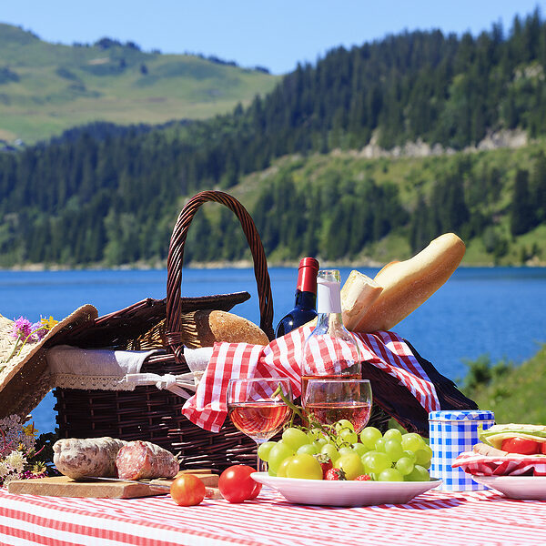 Picnic in beautiful french alpine mountain with lake