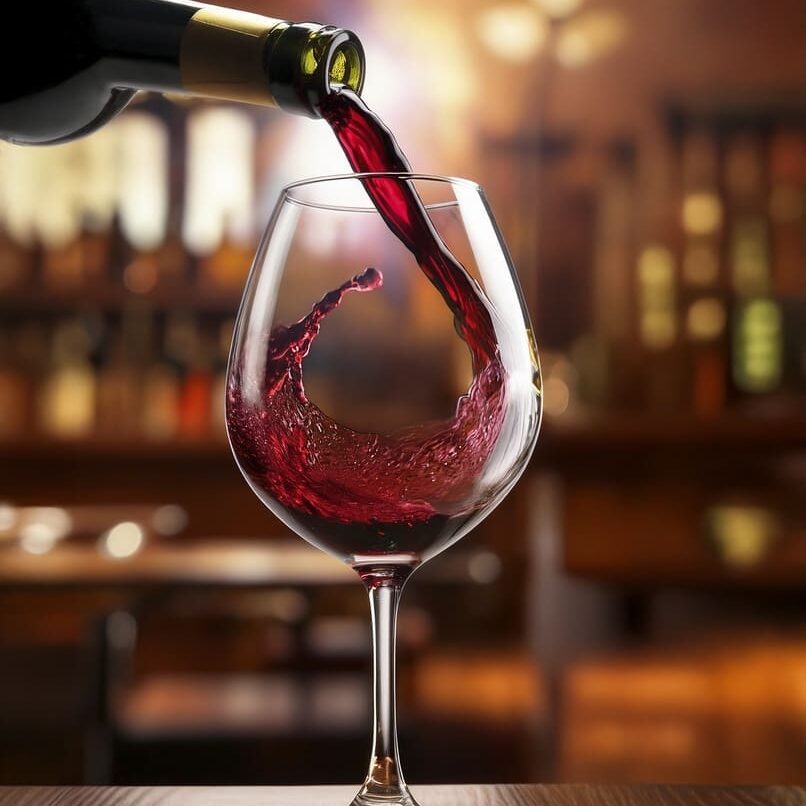 Red wine pouring into a glass.